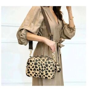 TWELVELITTLE Peek-A-Boo Crossbody Diaper Bag Leopard Print Vegan Leather Tan